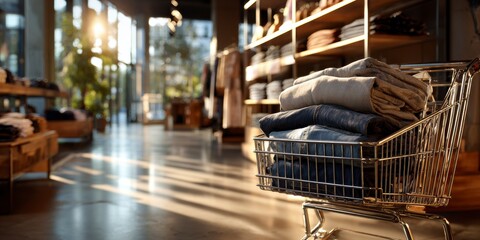 Close-up of stacks of jeans in a shopping cart