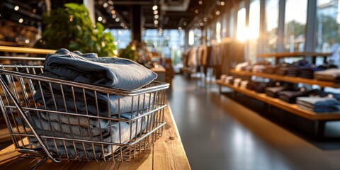 Close-up of stacks of jeans in a shopping cart