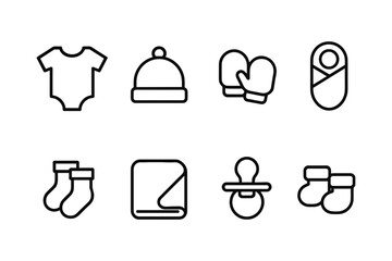 Essential baby icons set in linear style for newborn care and accessories