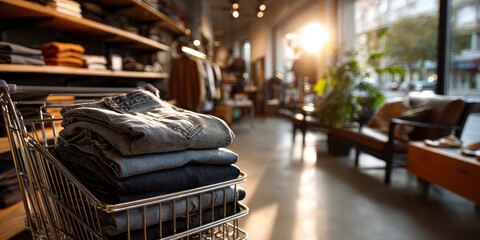 Close-up of stacks of jeans in a shopping cart