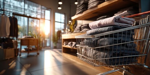 Close-up of stacks of jeans in a shopping cart
