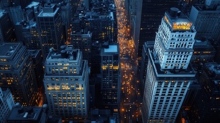 City at Night Showing Skyscrapers and Busy Streets With Vehicles, Illuminated by Streetlights and Building Lights