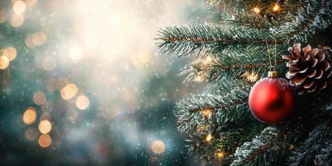 Red Orb Hanging on a Frosted Christmas Tree With Bokeh Lights and Snowfall in Winter at Nighttime