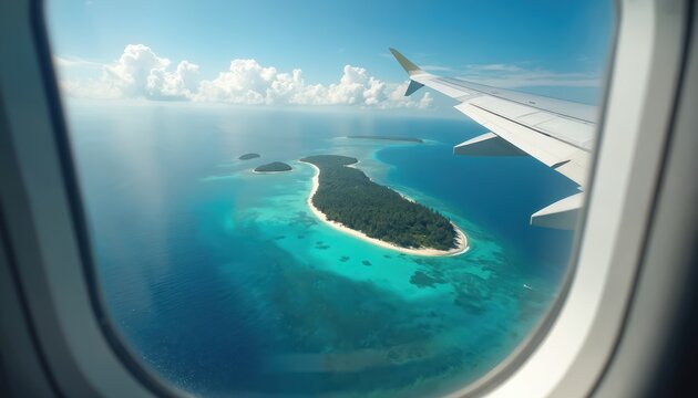 Aerial view from plane window of tropical islands. Turquoise ocean water surrounds islands with white sand beaches. The sky is blue with some clouds flight travel concept.