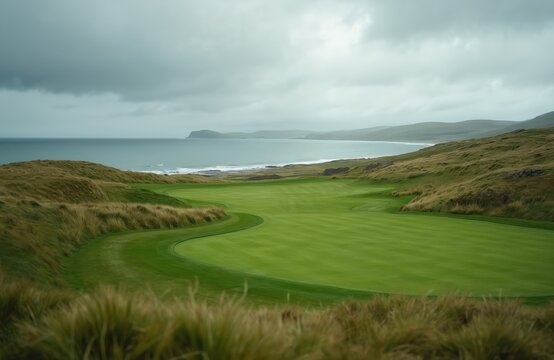 Scenic Scottish golf course sits near blue ocean on cloudy day. Green fairway, coastal views offer natural beauty for vacation tourism at idyllic outdoor recreation location. Grass slopes down to sea.