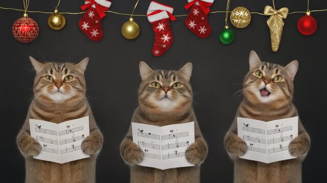 Cats singing Christmas carols, holding music sheets, mp4 video, AI