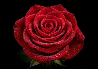 Macro Photograph of a Single, Perfect Red Rose with Dew Drops on its Petals on a Black Background