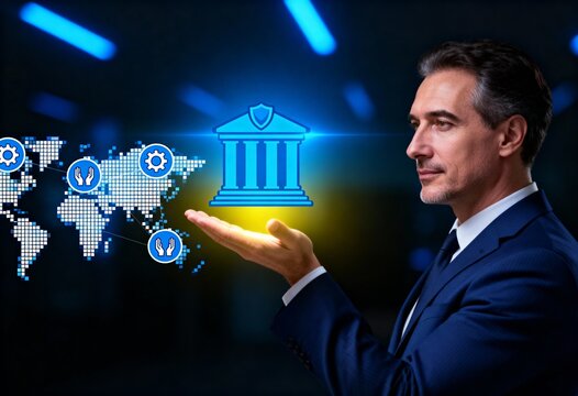 modern fintech strategy and global finance management illustrated by businessman and virtual bank