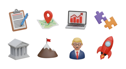 3 D icons of business concepts clipboard map laptop puzzle mountain rocket image