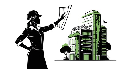  Black Vector Silhouette of a Female Sustainable Architect Designing Green Building