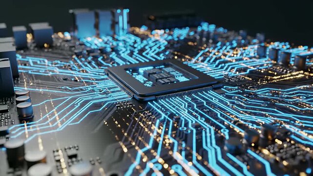 A computer motherboard with intricate wires and components is showcased in a close up, symbolizing global connectivity and technological innovation, perfectly suitable for backgrounds or.