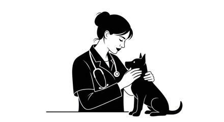  Black Vector Silhouette of a Female Veterinarian Examining a Small Pet