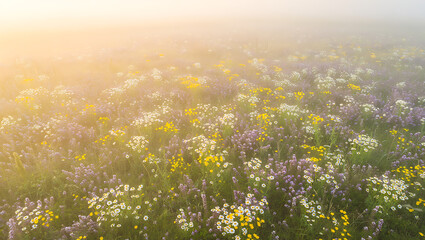 Meadow of Wildflowers Bathed in Morning Sunlight A Serene Landscape of Blooming Blossoms in Nature's Embrace with a Soft Focus