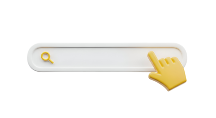 3 D white search bar with yellow magnifying glass and hand cursor pointer