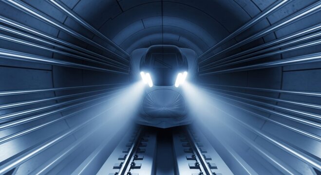 Futuristic high speed train approaching through a dark tunnel with bright headlights