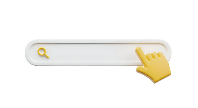 3 D white search bar with yellow magnifying glass and hand cursor pointer