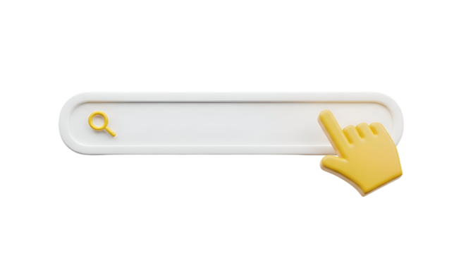 3 D white search bar with yellow magnifying glass and hand cursor pointer - Powered by Adobe