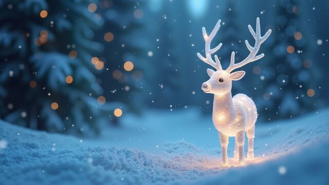 Dreamy Snowfall with Sparkling Lights and Icy Reindeer Figure in Fantasy Winter Scene.
