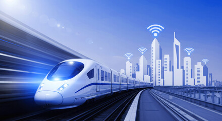 Futuristic high speed train connects to smart city with wireless technology and modern architecture
