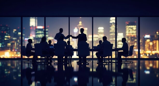 Silhouetted business professionals gather for a nighttime meeting with a cityscape view