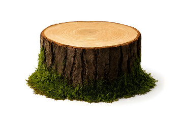 Wooden Stump Podium with Moss Isolated on Transparent Background