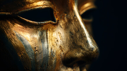 Golden Mask of Antiquity: A close-up view of a beautifully crafted golden mask, with intricate details, revealing a sense of mystery. It is a symbol of cultural heritage, artistic beauty.