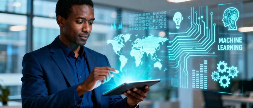 business intelligence and ai innovation concept with professional and virtual analytics interface