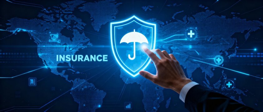 global insurance security concept with hand reaching for virtual protection shield