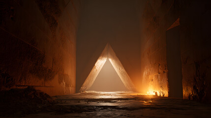 Ancient Passage: An ethereal glowing doorway beckons in the depths of an old structure, a triangle-shaped opening hinting at a secret passage or a hidden chamber.