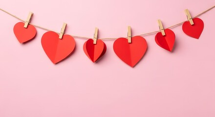 Red paper hearts hanging on a string against a pink background