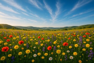 Fototapeta premium Wildflower meadow blooming under a blue sky, vibrant poppies, daisies, and lupines in a colorful springtime landscape