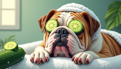 Illustration of a bulldog relaxing at a spa with cucumber slices on eyes. Dog wearing a towel enjoys a beauty treatment. Animal portrait in a wellness setting.