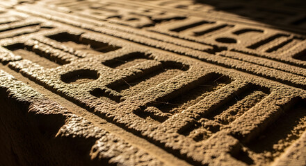 Ancient inscription in the Sunlight: Close-up of intricately carved hieroglyphs on an ancient stone surface, illuminated by sunlight. Reveal the beauty of ancient craft.