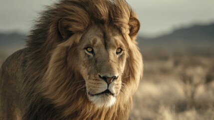 Obraz premium A powerful lion surveys its surroundings its mane shimmering in the soft morning light.