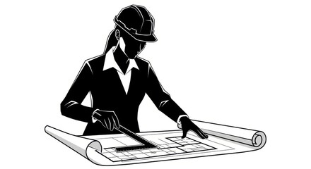  Geometric Vector Silhouette of a Female Architect Examining a Blueprint with a T-square 