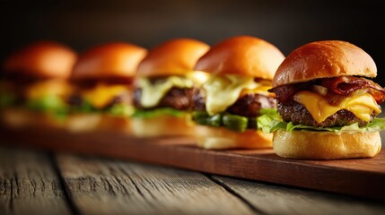 Multiple gourmet cheeseburgers with bacon are arranged in a row on a wooden surface.