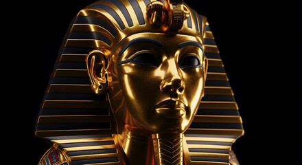 Ancient Egyptian Relic: A close-up view of a golden mask, meticulously crafted, embodies the opulence and power of the pharaohs. With its detailed features and symbolic design.