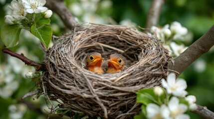 Naklejka premium Two small baby birds, or chicks, nesting together in a woven bird's nest. Spring new life and wildlife concepts