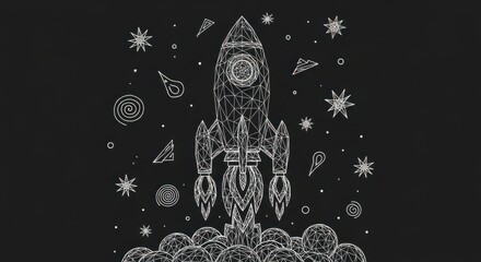  launching rocket with fire on dark ba launching rocket with fire on dark backg launching rocket with fire on dark background with whround with white doodle elementsckground with white doodle elements