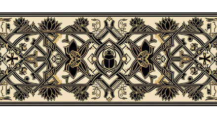 Ancient Egyptian Ornamental Design: A symmetrical, captivating border design, embodying the opulence of Ancient Egypt with intricate floral motifs and the iconic scarab beetle, and geometric patterns.