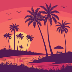 Tropical beach with palm trees at sunset silhouette vector illustration
