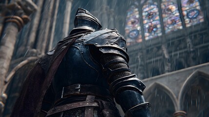Armored knight stands in a grand cathedral with stained glass windows