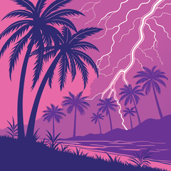 Tropical palm trees with lightning strike in a vibrant pink and purple sky