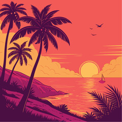 Tropical sunset landscape with palm trees, birds and sailboat on the sea