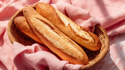 Delicious baguettes warm from the oven sit comfortably in a wicker basket surrounded by a cozy atmosphere.