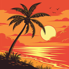 Tropical beach with palm tree, ocean, and sunset in a vintage style