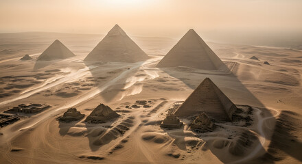 Ancient Wonders in the Sun: The great pyramids of Giza rise majestically from the desert, their timeless architecture bathed in the warm embrace of the sun. The scene evokes a sense of history.
