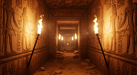 Ancient Tomb Passage Illuminated: A captivating perspective unveils the intricate passage of an ancient tomb, where fiery torches cast an alluring glow upon walls adorned with ancient hieroglyphs.