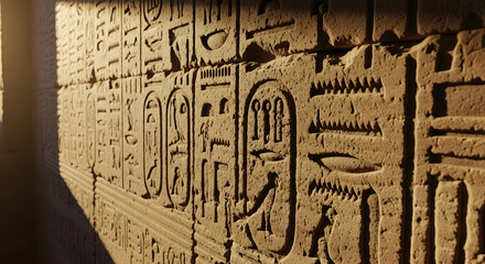 Ancient Hieroglyphs:  Revealing the ancient history through a wall adorned with detailed hieroglyphs, a visual testament to a bygone civilization, bathed in natural light.