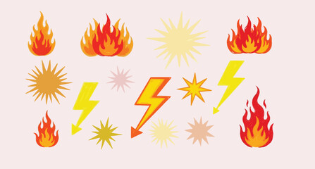 Collection of fire lightning sun and star icons on light background.